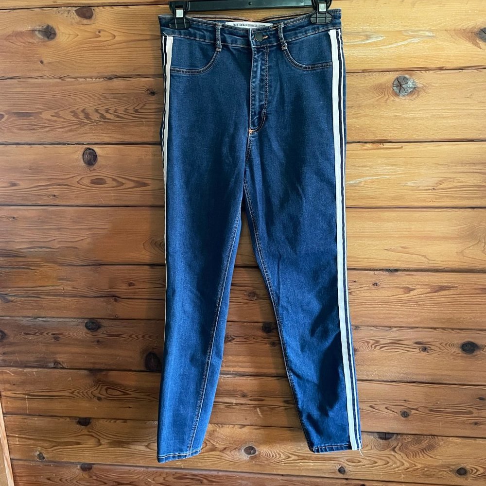 Zara Trafaluc jeans denim collection blue skinny racing strip white blue size 6